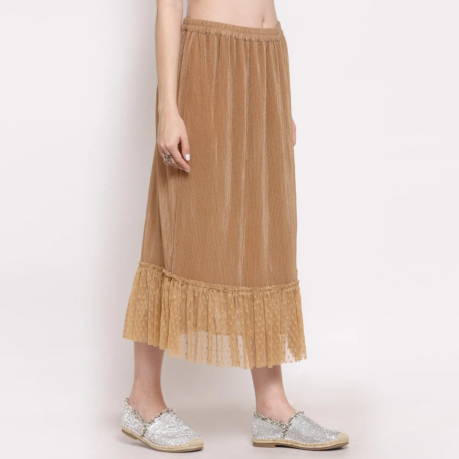 Beige Plisse Long Skirt With Frill