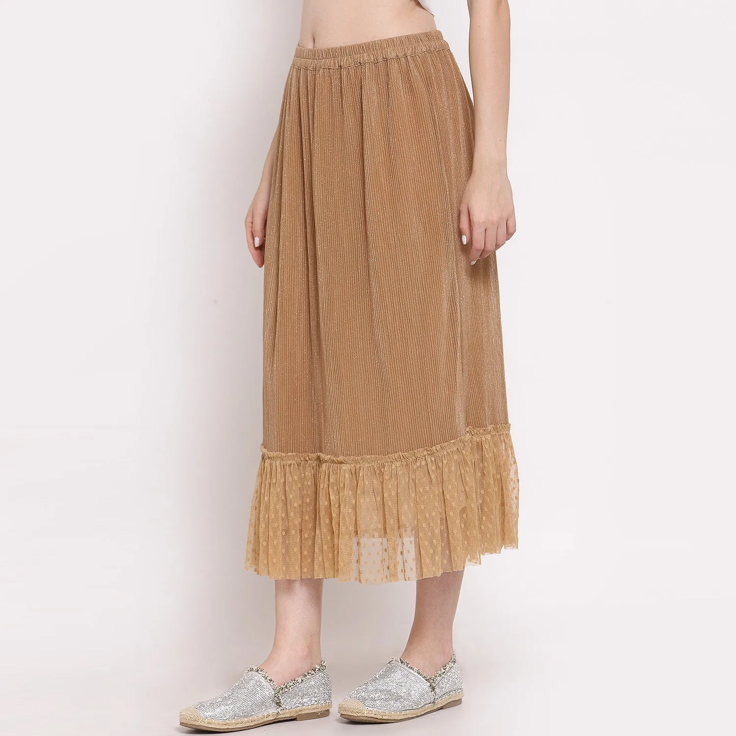 Beige Plisse Long Skirt With Frill