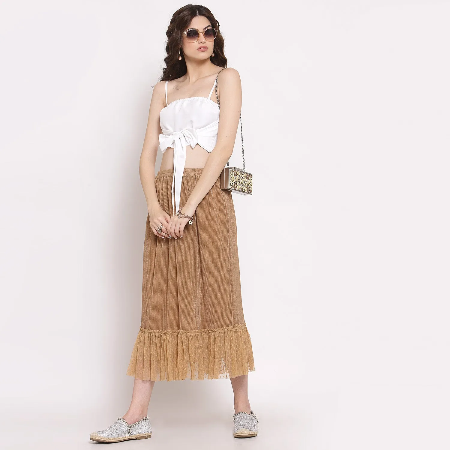 Beige Plisse Long Skirt With Frill