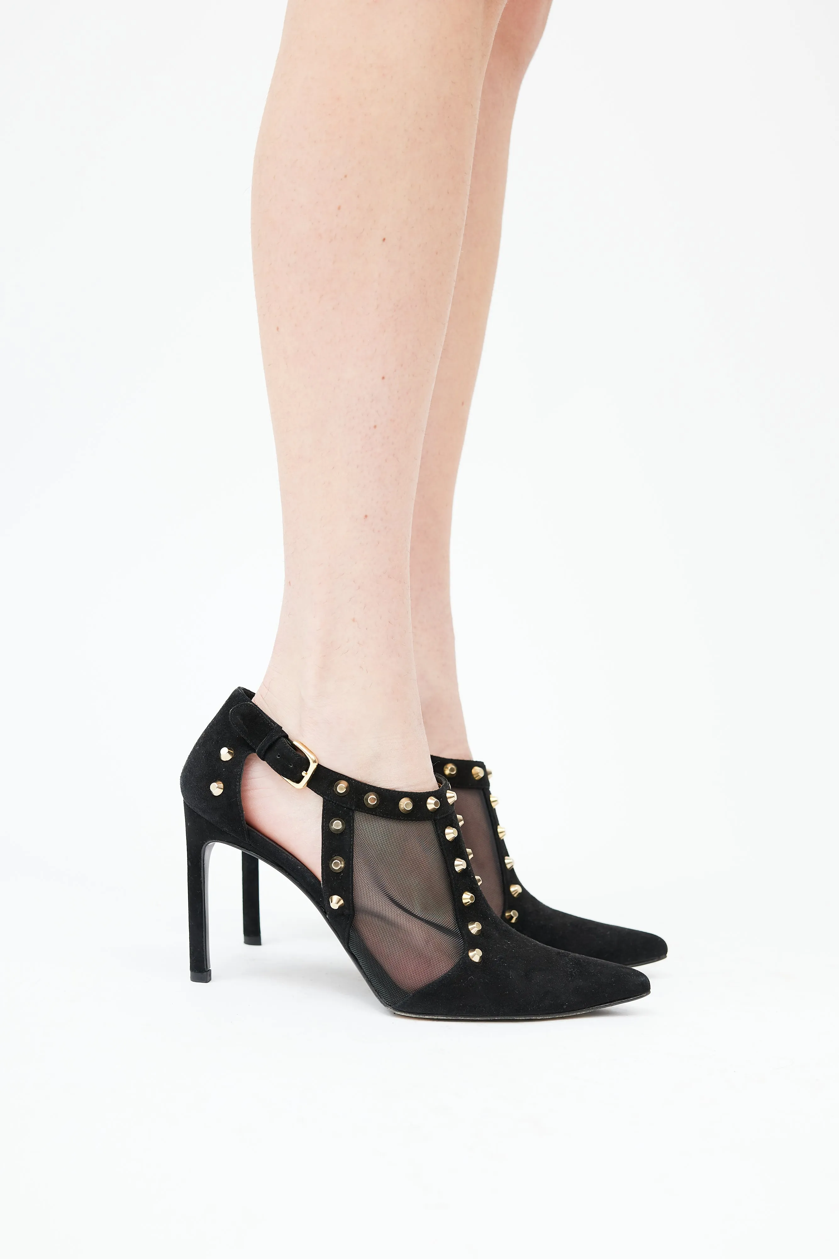 Black Suede Studded Mesh Heel