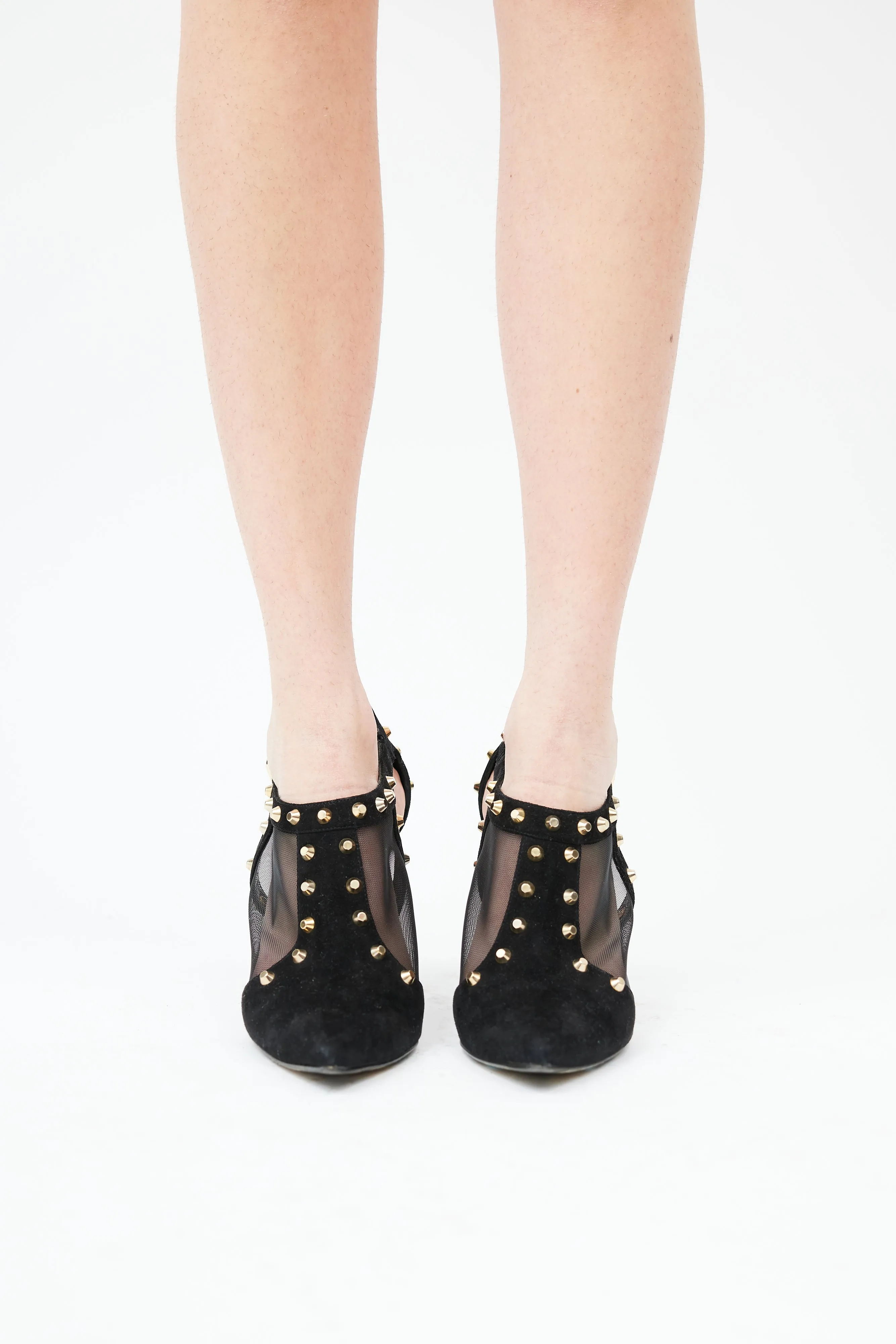 Black Suede Studded Mesh Heel