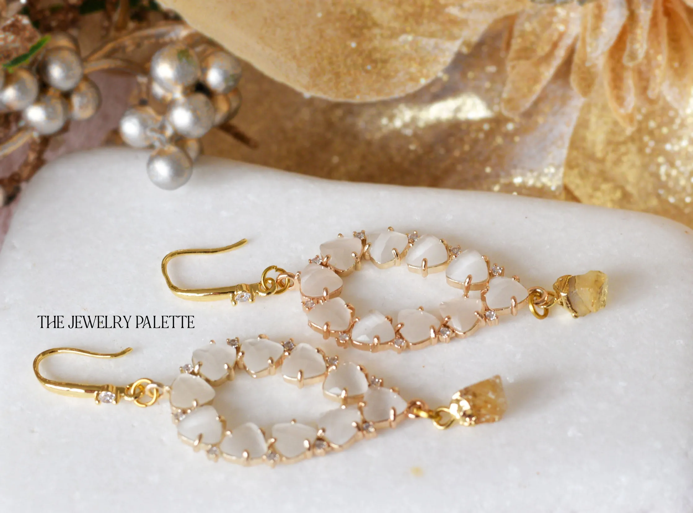 Yara white stones with gold edged tourmaline drop earrings