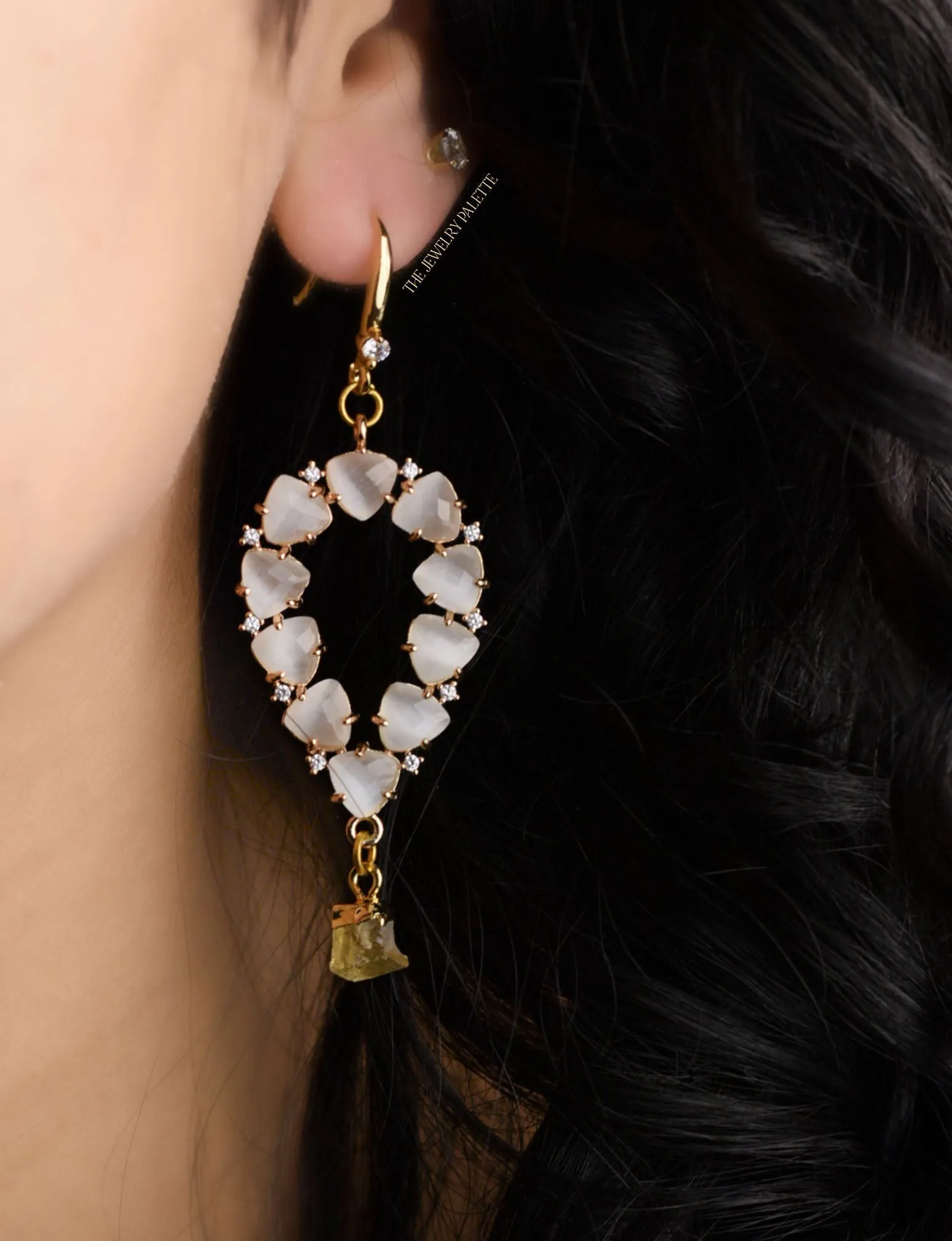Yara white stones with gold edged tourmaline drop earrings